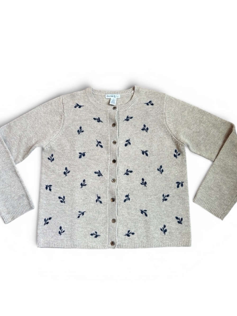 Vintage Galyan’s 100% Lambswool Cardigan Sweater Women’s M Tan Floral 90s